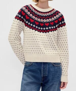 Gap Fair Isle Sweater Cotton Wool Blend Raglan Medium Petite Hearts Knit NWT